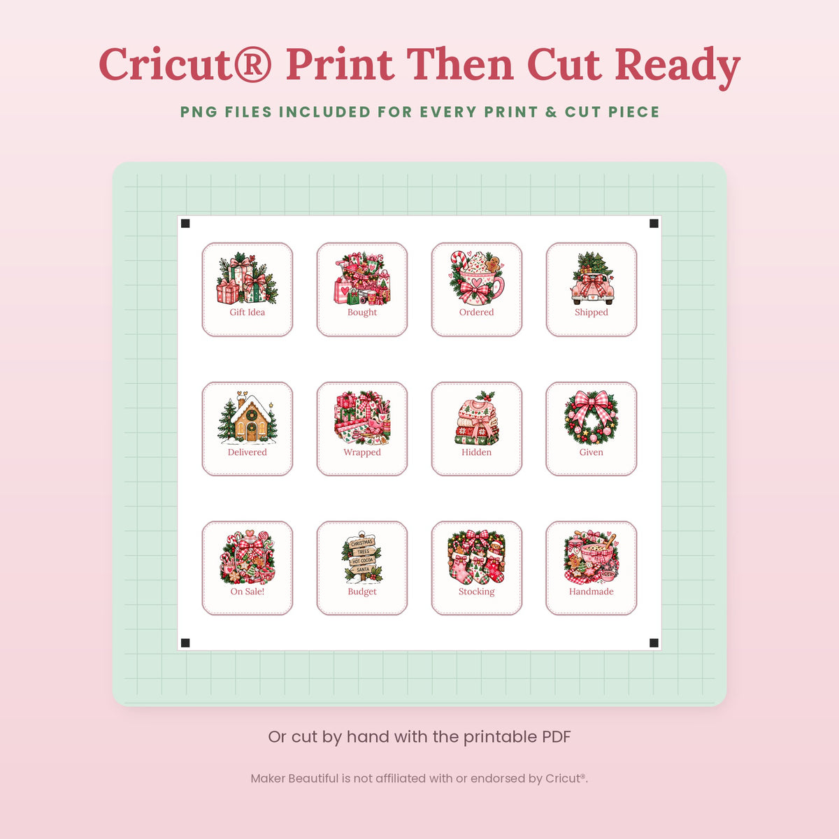 Christmas gift planning sticker sheet with cut lines for Cricut Print Then Cut, made from the included PNG files