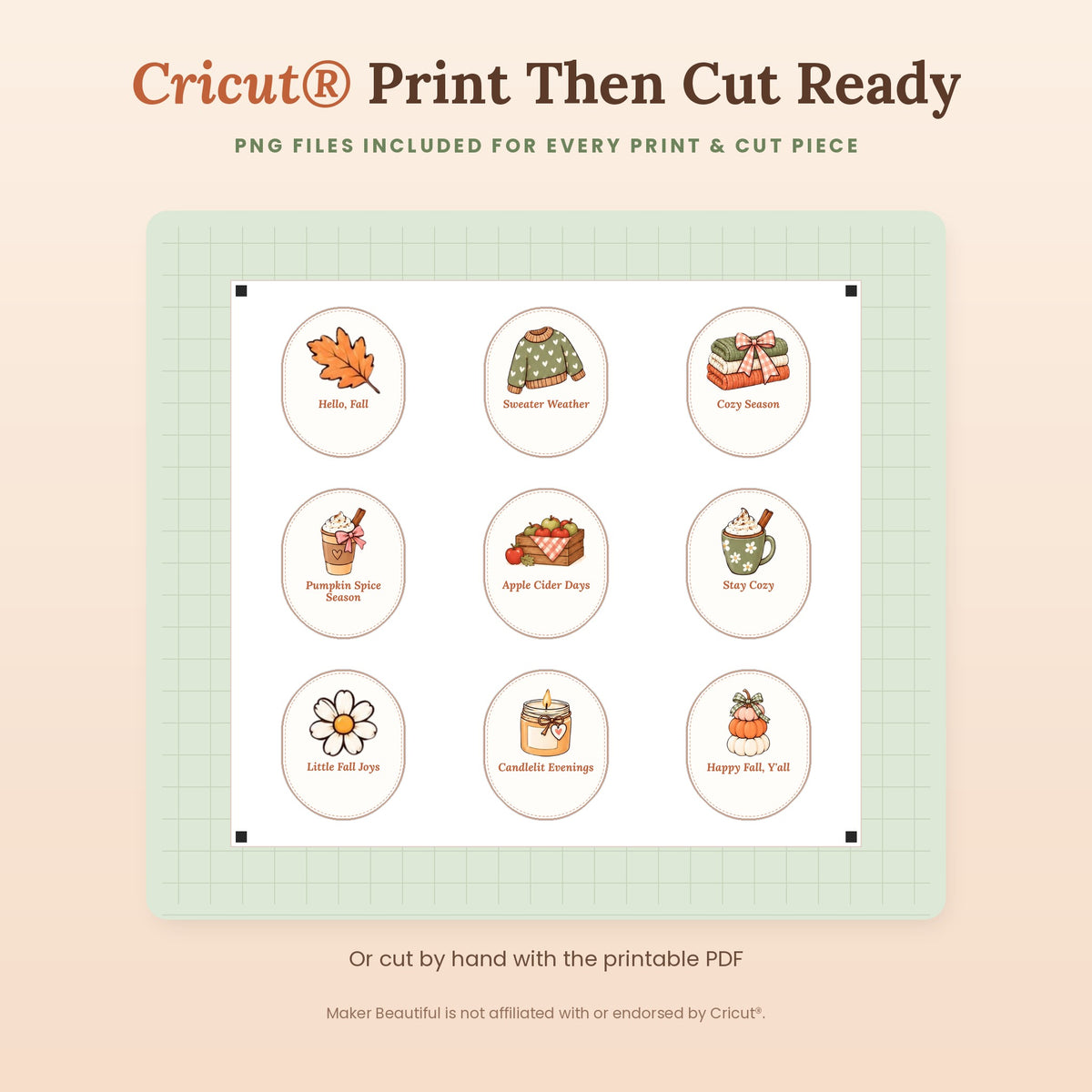 Fall quote sticker sheet with cut lines for Cricut Print Then Cut, made from the included PNG files