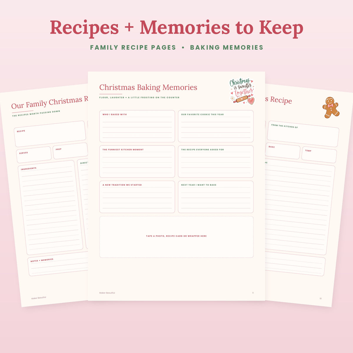 Family Christmas recipe pages and Christmas baking memories printable