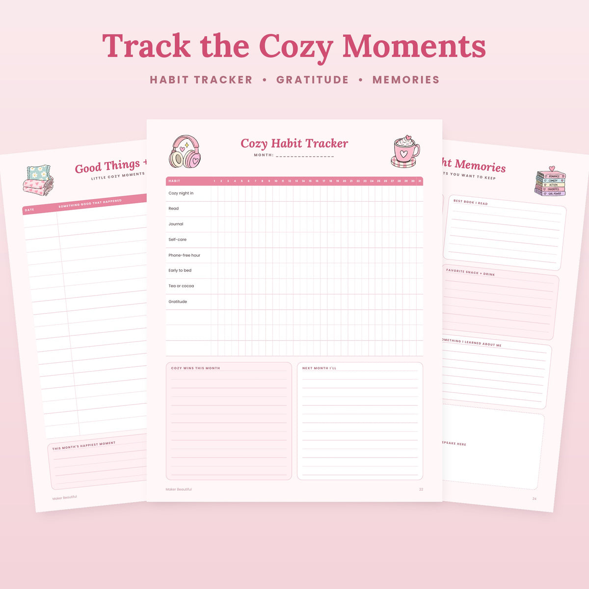Cozy habit tracker, gratitude log and cozy night memories printable pages