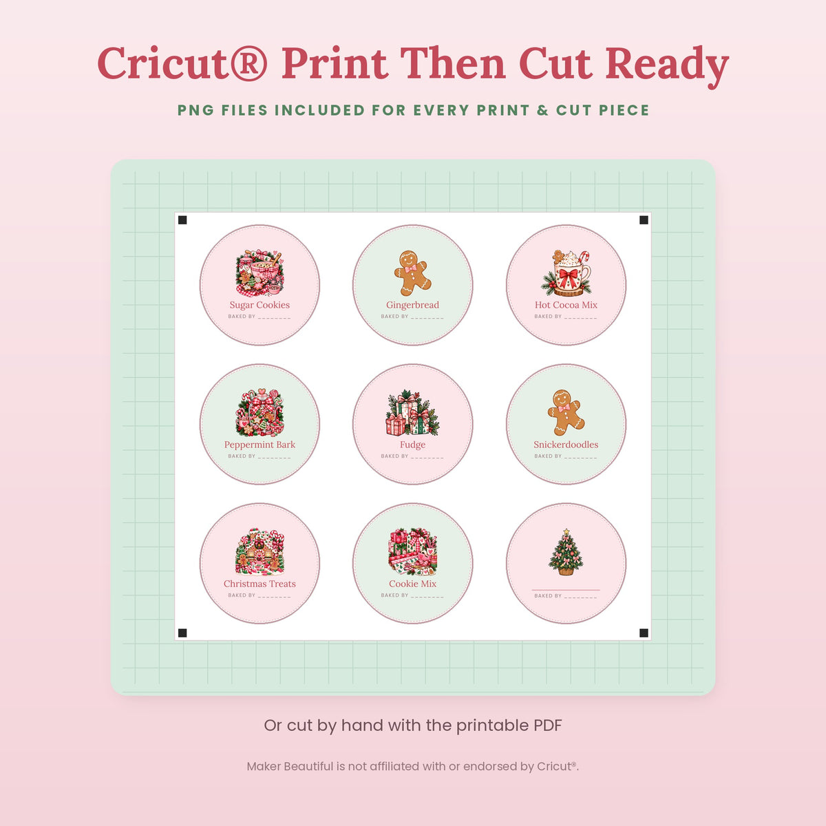 Round Christmas treat labels on a cutting mat for Cricut Print Then Cut, made from the included PNG files
