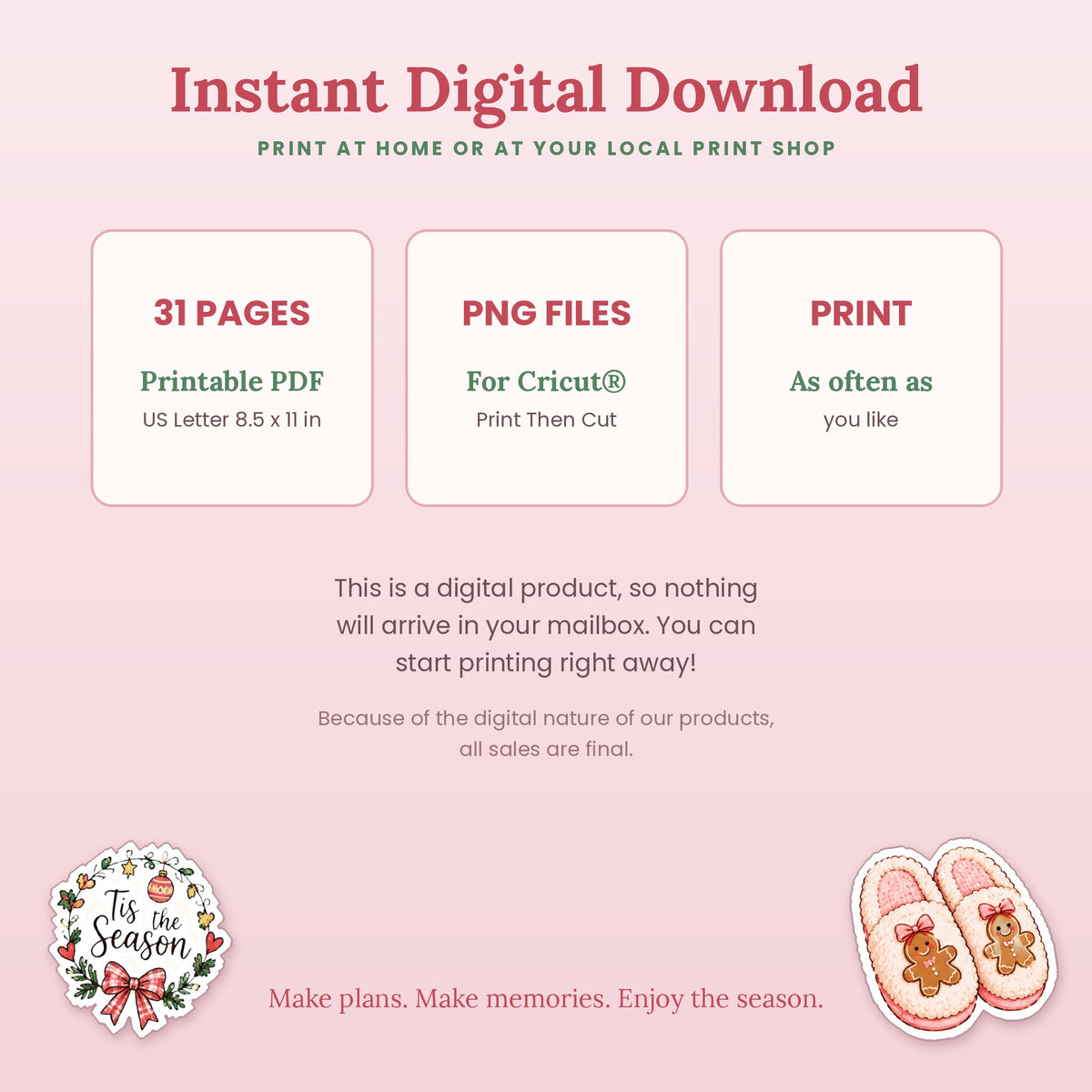 Instant digital download of a 31-page printable Christmas planner PDF with PNG files for Cricut Print Then Cut