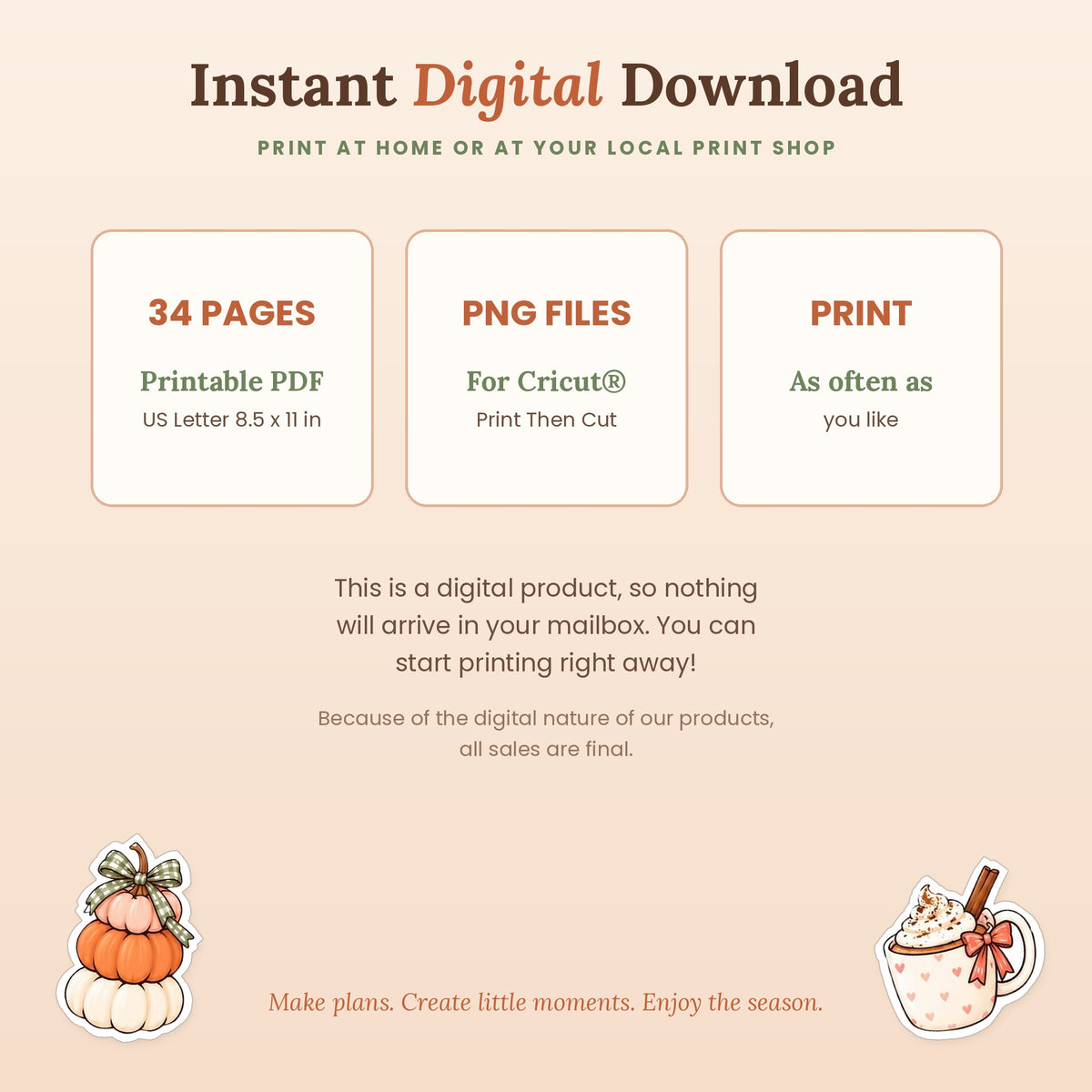 Instant digital download of a 34-page printable fall planner PDF with PNG files for Cricut Print Then Cut