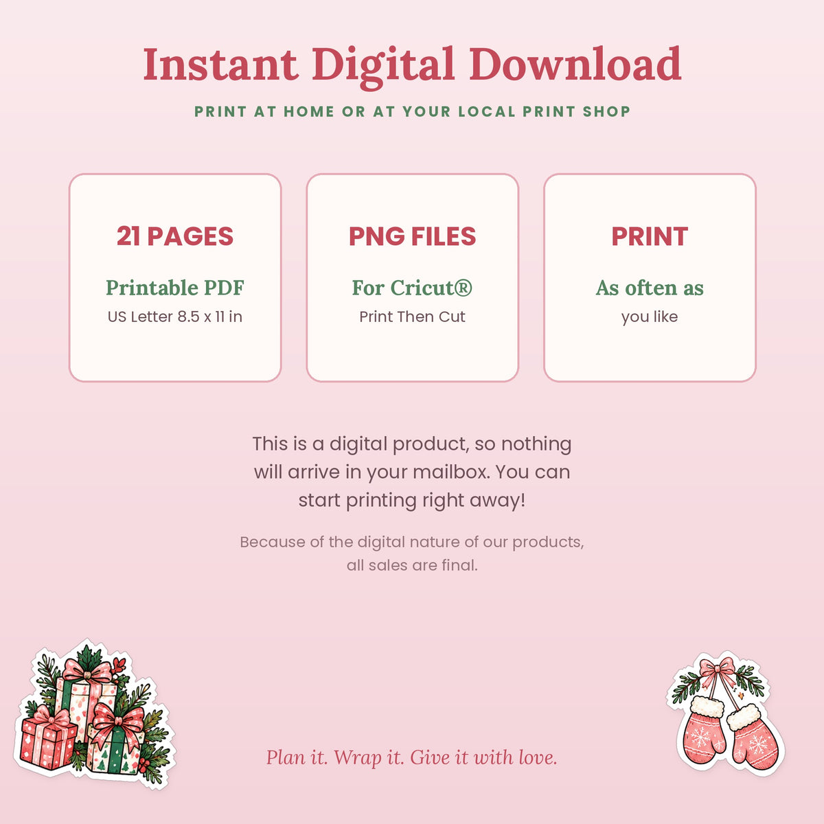 Instant digital download of a 21-page printable Christmas gift planner PDF with PNG files for Cricut Print Then Cut