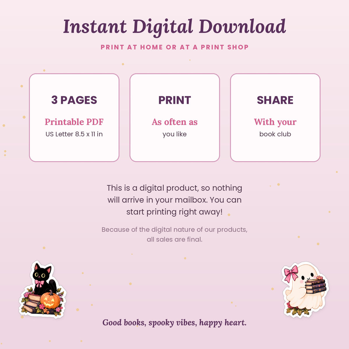 Instant digital download of a 3-page printable bookish sticker and bookmark kit