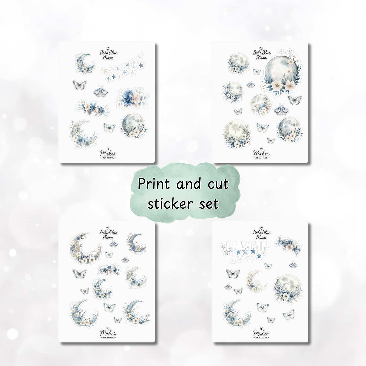 🌙 Boho Blue Moon Stickers – 4 Pages of Celestial Print & Cut Creativity ✂️