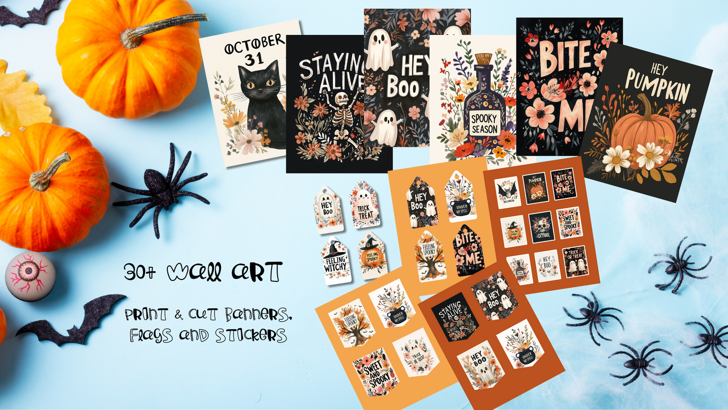 Halloween Decor Bundle- Printable wall art, stickers, flags and banner DIY craft kit