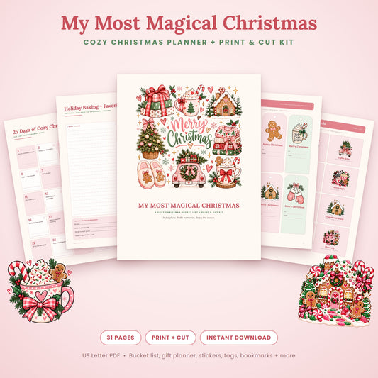 My Most Magical Christmas printable Christmas planner and Print and Cut kit with bucket list, baking planner, gift tags and activity cards