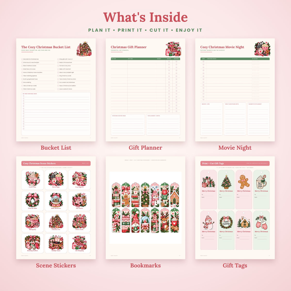 All 31 pages of a printable Christmas planner with bucket list, gift planner, stickers and bookmarks