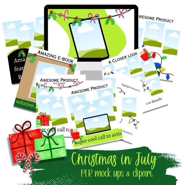 Christmas in July- Printables Canva Mock Ups templates and clip art PLR bundle