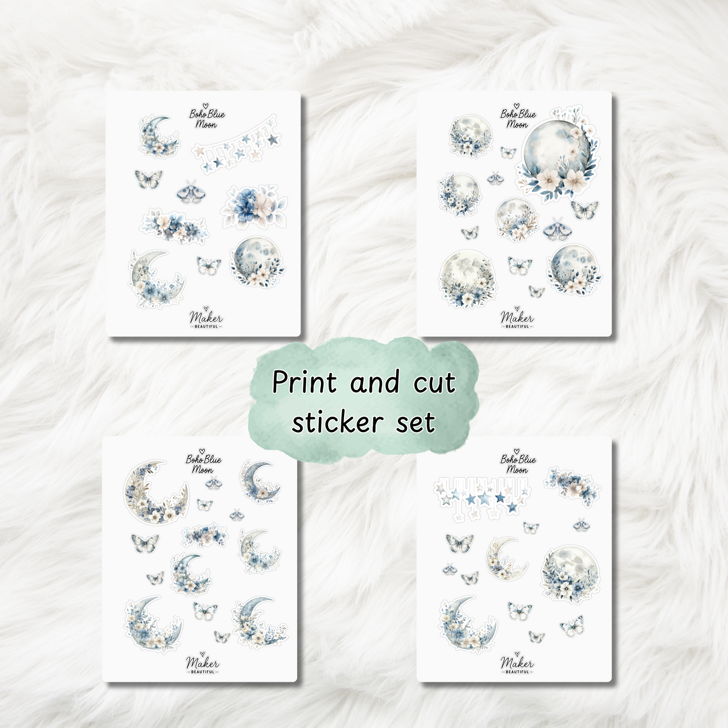 🌙 Boho Blue Moon Stickers – 4 Pages of Celestial Print & Cut Creativity ✂️