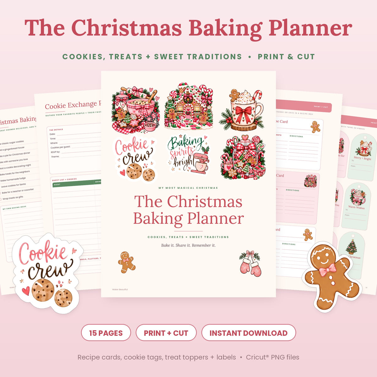 The Christmas Baking Planner printable with baking bucket list, cookie exchange planner, recipe cards, cookie gift tags and Print and Cut treat labels