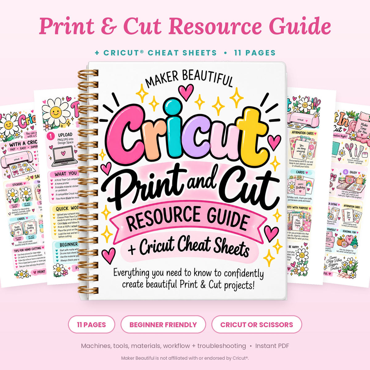 Free Print and Cut resource guide for Cricut beginners shown as a spiral notebook with cheat sheet pages