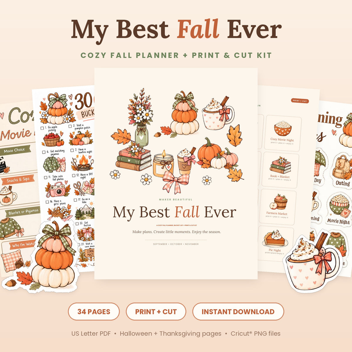 My Best Fall Ever printable fall planner and Print and Cut kit with fall bucket list, movie night page, activity cards and planning stickers