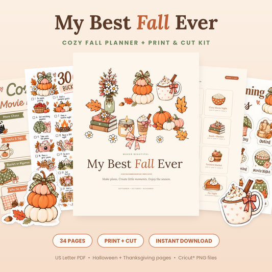 My Best Fall Ever printable fall planner and Print and Cut kit with fall bucket list, movie night page, activity cards and planning stickers