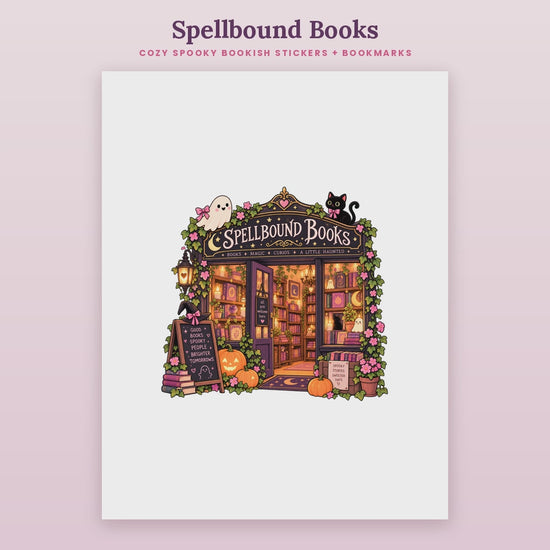 Flip-through video of the Spellbound Books printable kit, showing the haunted bookshop sticker, cozy spooky sticker sheet and five printable bookmarks