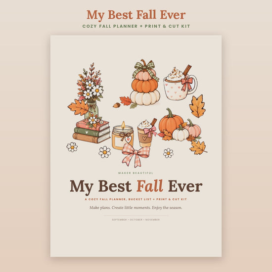 Flip-through video of the My Best Fall Ever printable fall planner and Print and Cut kit, showing all 34 pages including the bucket list, Halloween and Thanksgiving pages, stickers, cards and gift tags