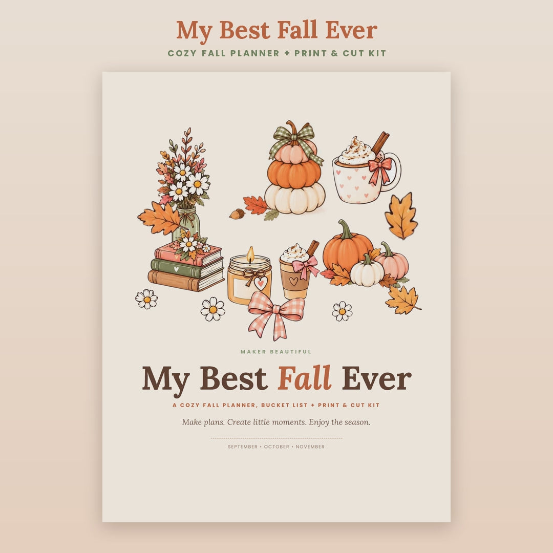 Flip-through video of the My Best Fall Ever printable fall planner and Print and Cut kit, showing all 34 pages including the bucket list, Halloween and Thanksgiving pages, stickers, cards and gift tags