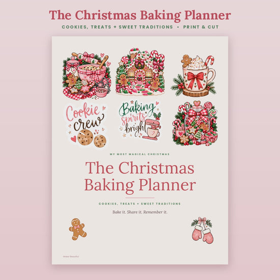 Flip-through video of The Christmas Baking Planner printable, showing all 15 pages including the baking bucket list, baking schedule, cookie exchange planner, family recipe pages, recipe cards, cookie gift tags and treat labels