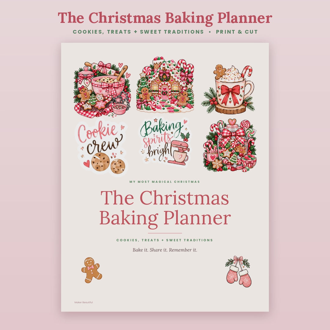 Flip-through video of The Christmas Baking Planner printable, showing all 15 pages including the baking bucket list, baking schedule, cookie exchange planner, family recipe pages, recipe cards, cookie gift tags and treat labels