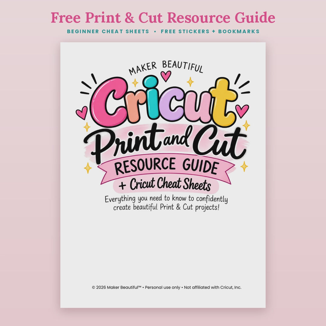 Flip-through video of the free Print and Cut resource guide, showing Cricut beginner cheat sheets, Print Then Cut steps, project ideas, printable stickers and bookmarks