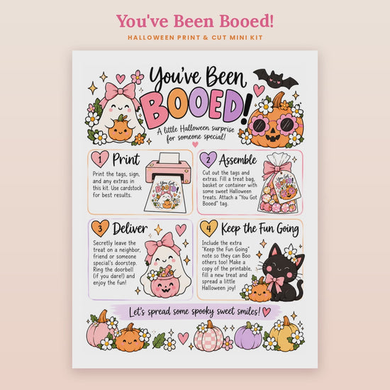 Flip-through video of the You've Been Booed Halloween printable kit, showing the how to boo instructions, gift tags, round tags and cute Halloween sticker sheet