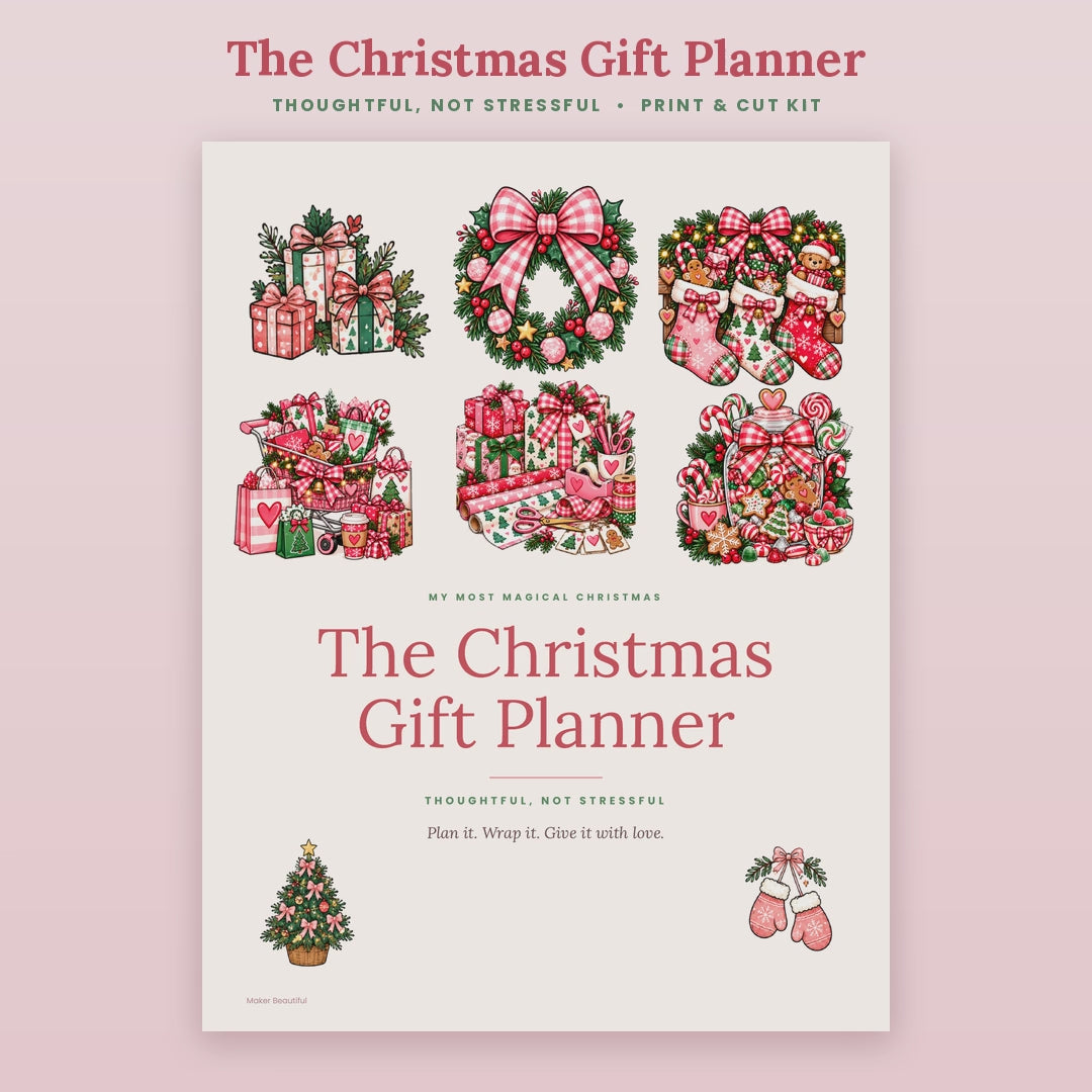 Flip-through video of The Christmas Gift Planner printable, showing all 21 pages including the gift budget, gift lists, order and shipping trackers, wrapping station, gift tags, stickers and labels
