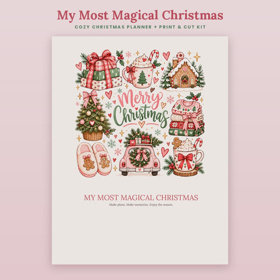 Flip-through video of the My Most Magical Christmas printable Christmas planner and Print and Cut kit, showing all 31 pages including the bucket list, gift planner, stickers, gift tags and bookmarks