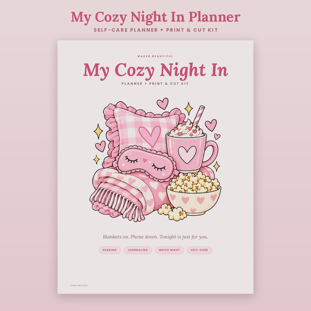Flip-through video of the My Cozy Night In Planner printable, showing all 39 pages including the cozy night menu, monthly and weekly planners, reading log, movie watchlist, journal prompts, self-care pages, coupons, bookmarks and stickers