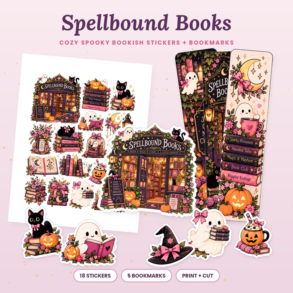 Spellbound Books printable sticker sheet with cozy spooky bookish stickers, a haunted bookshop sticker, ghosts, black cats, pumpkins and printable bookmarks