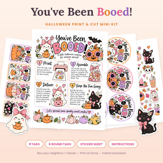 You've Been Booed Halloween Print and Cut mini kit with instructions page, Booed gift tags, round tags and cute Halloween sticker sheet