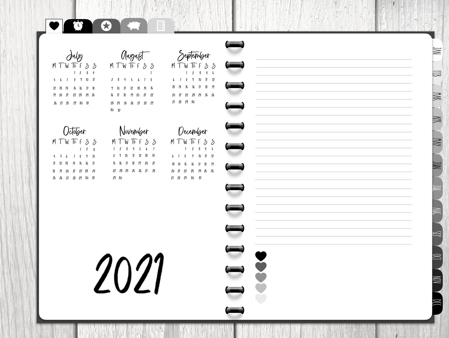 Happy Heart Shades of Gray Digital Planner- dated August 2021- July 2022