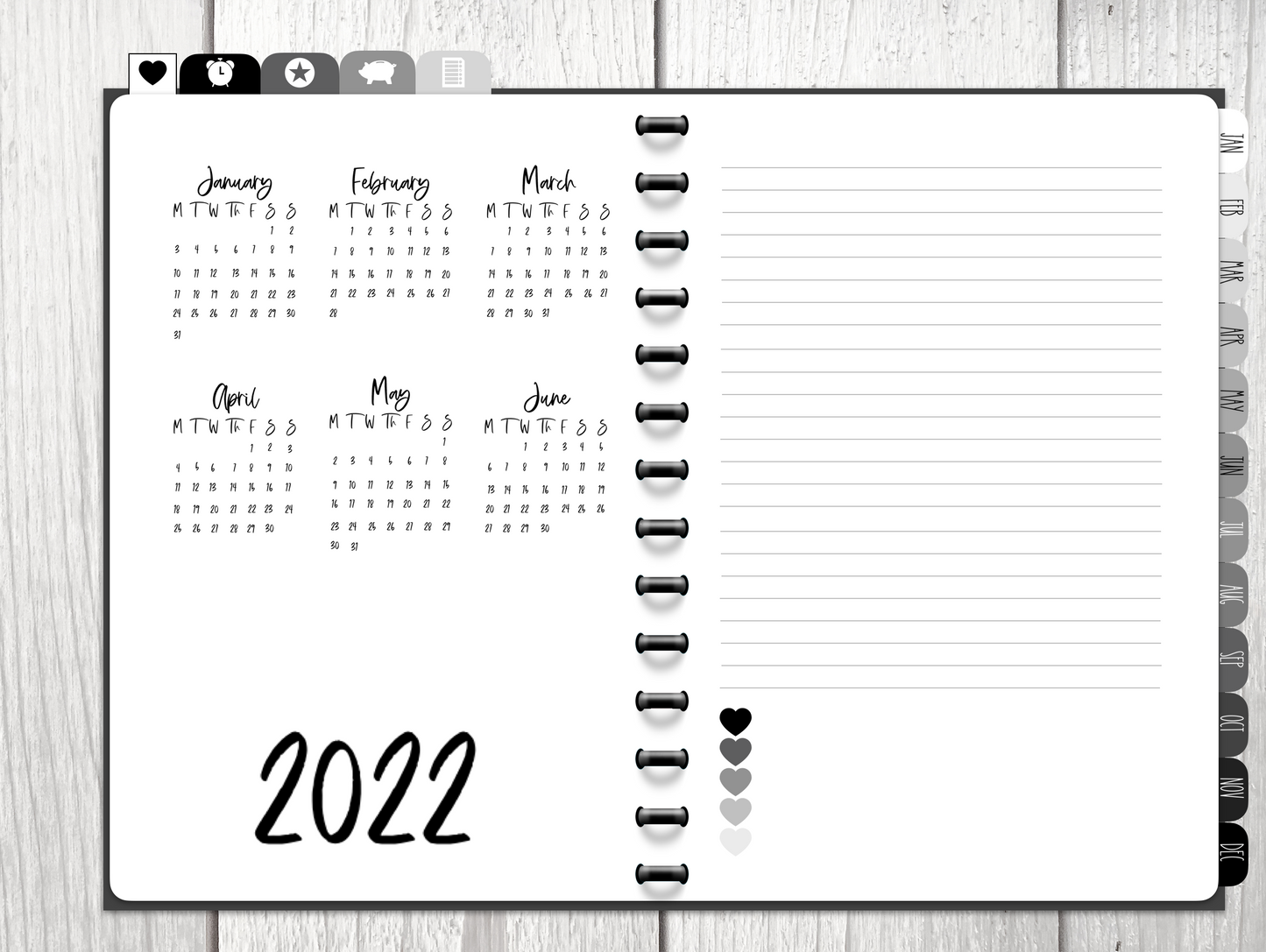 Happy Heart Shades of Gray Digital Planner- dated August 2021- July 2022